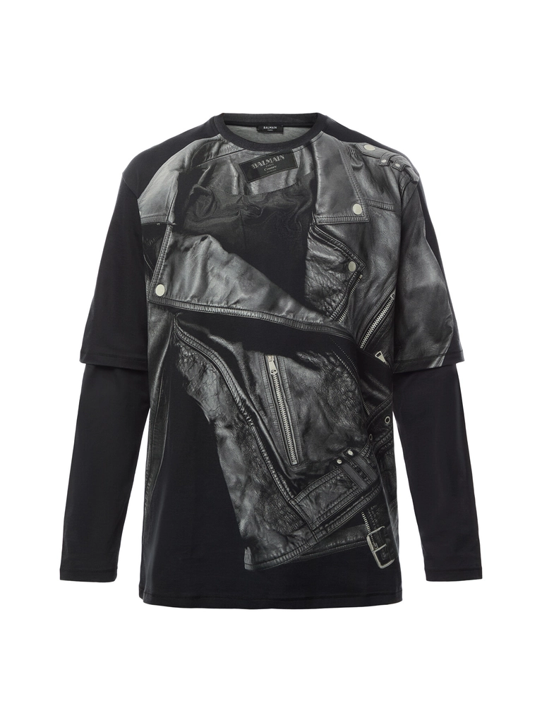 Balmain Men's Biker Jacket Print Long Sleeve T-Shirt Black