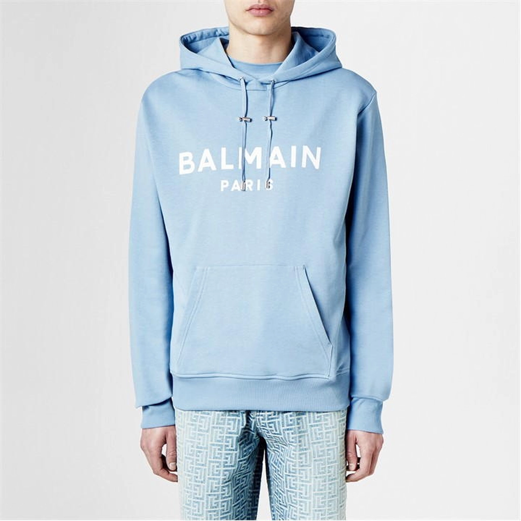 Balmain Men'S Logo Cotton Printed Hoodie - Blue