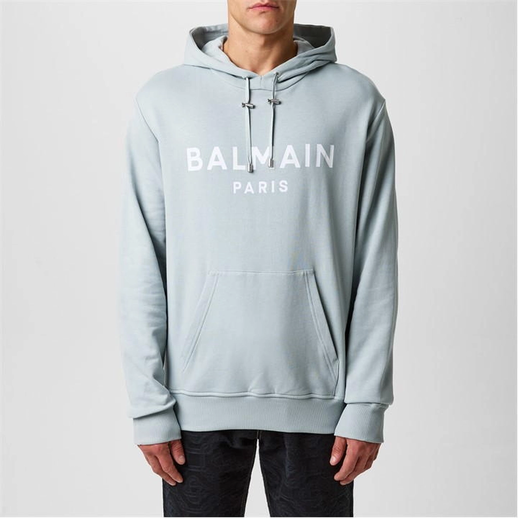 Balmain Men'S Logo Cotton Printed Hoodie - Grey