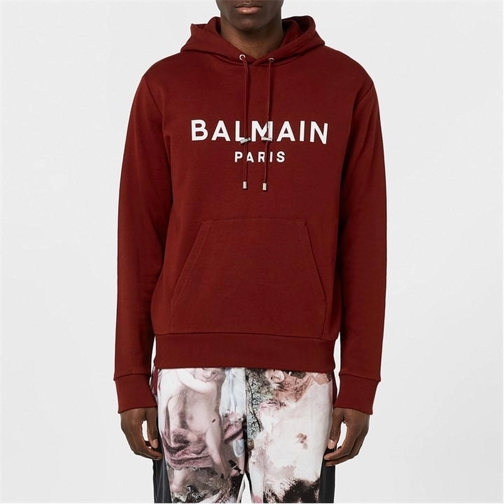 Balmain Men's Logo Cotton Printed Hoodie - Red