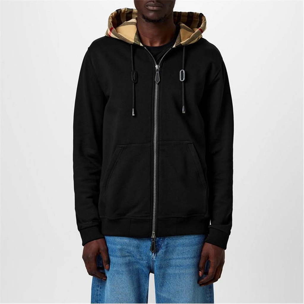 Burberry Check Hood Cotton Zip Hoodie - Black