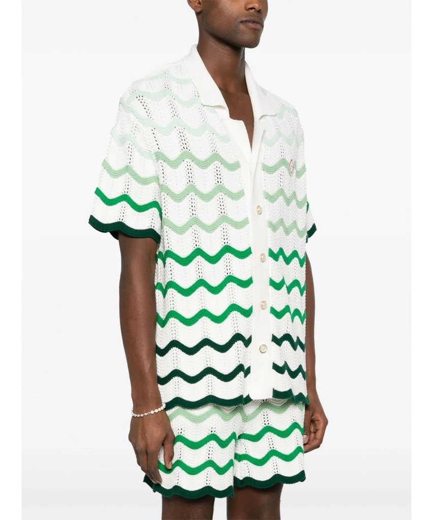 Casablanca Mens Gradient Wave Crochet Texture Shirt in White/Green Cotton - Size X-Large