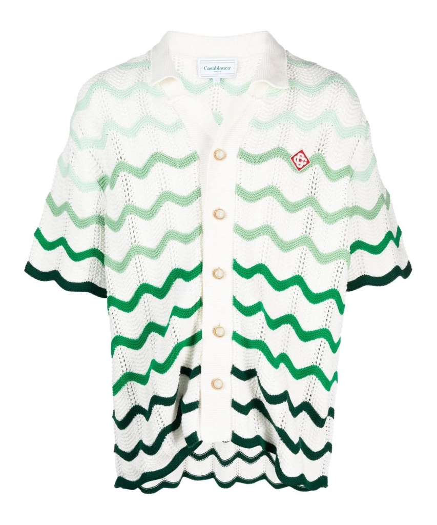 Casablanca Mens Gradient Wave Crochet Texture Shirt in White/Green Cotton - Size X-Large