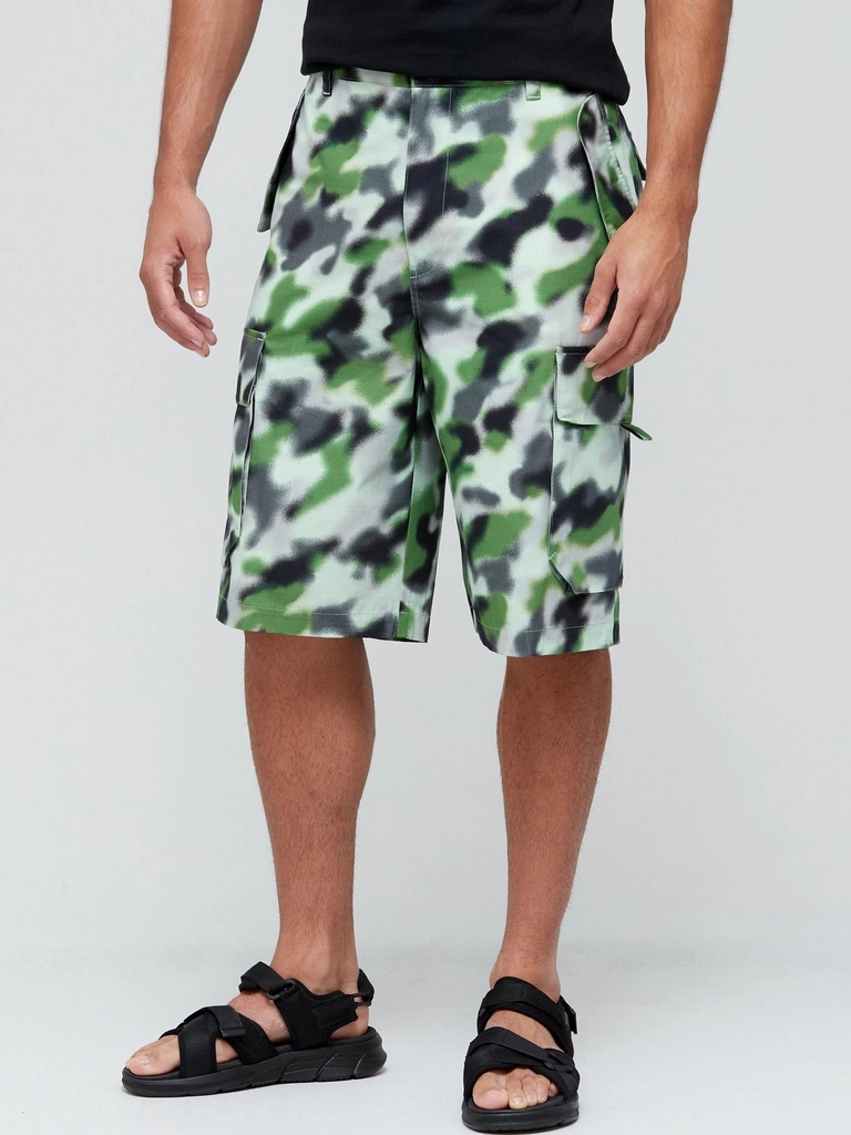 Kenzo Mens Camo Print Cargo Shorts in Green Cotton - Size Medium