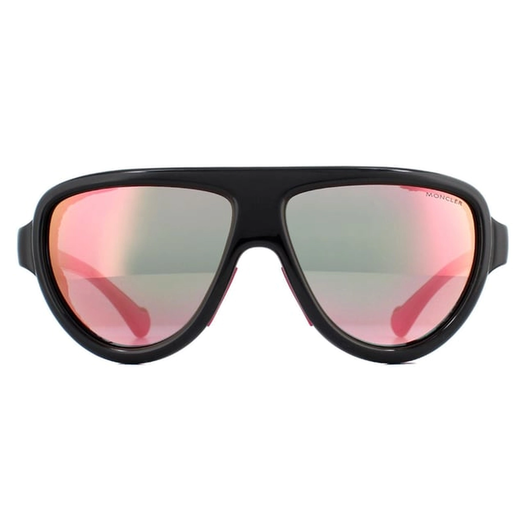 Moncler Aviator Unisex Shiny Black with Pink Leather Blue Mirror Sunglasses - One Size