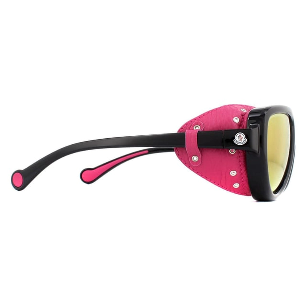 Moncler Aviator Unisex Shiny Black with Pink Leather Blue Mirror Sunglasses - One Size