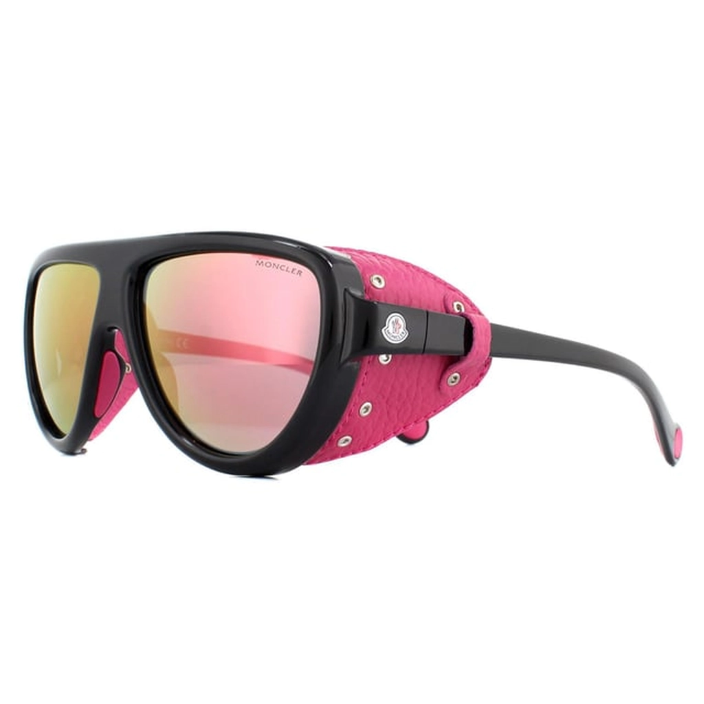 Moncler Aviator Unisex Shiny Black with Pink Leather Blue Mirror Sunglasses - One Size