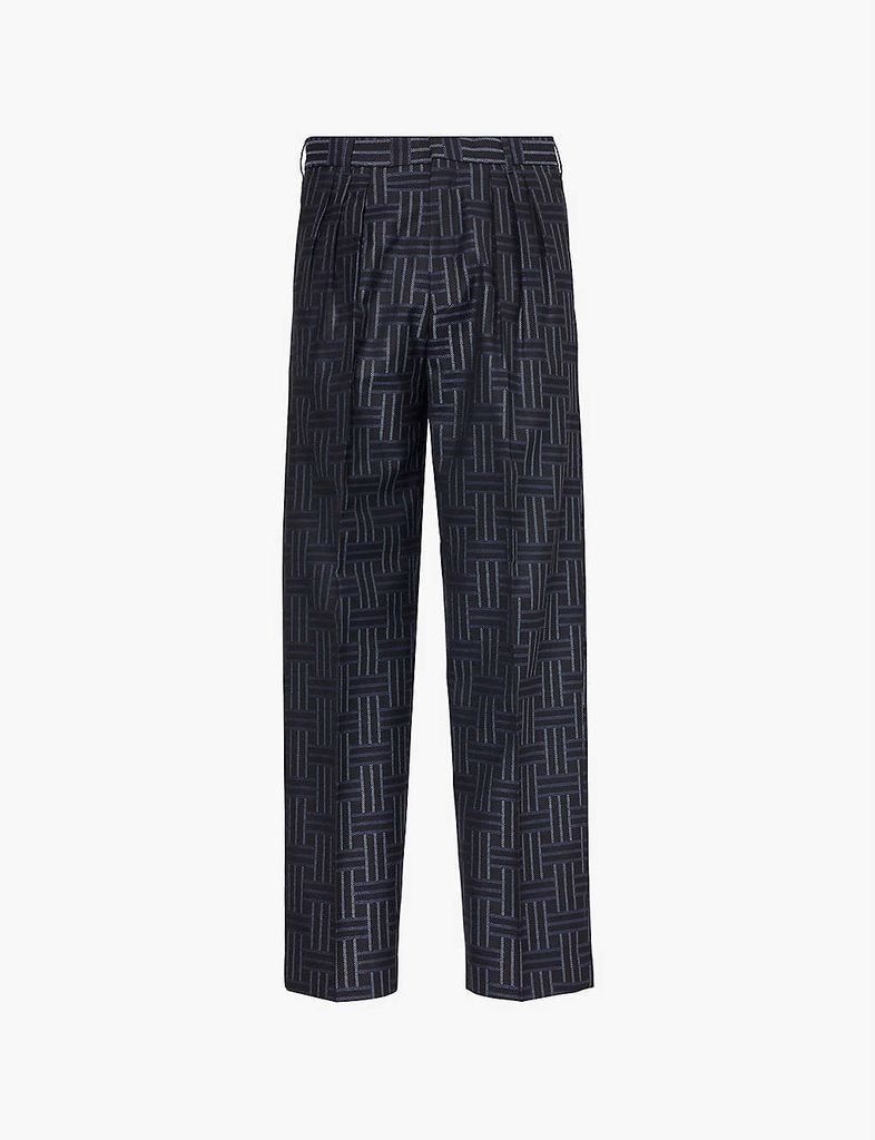 Kenzo Mens Midnight Blue Geometric-print Pleated Tapered-leg Relaxed-fit Wool and Cotton Trousers 40