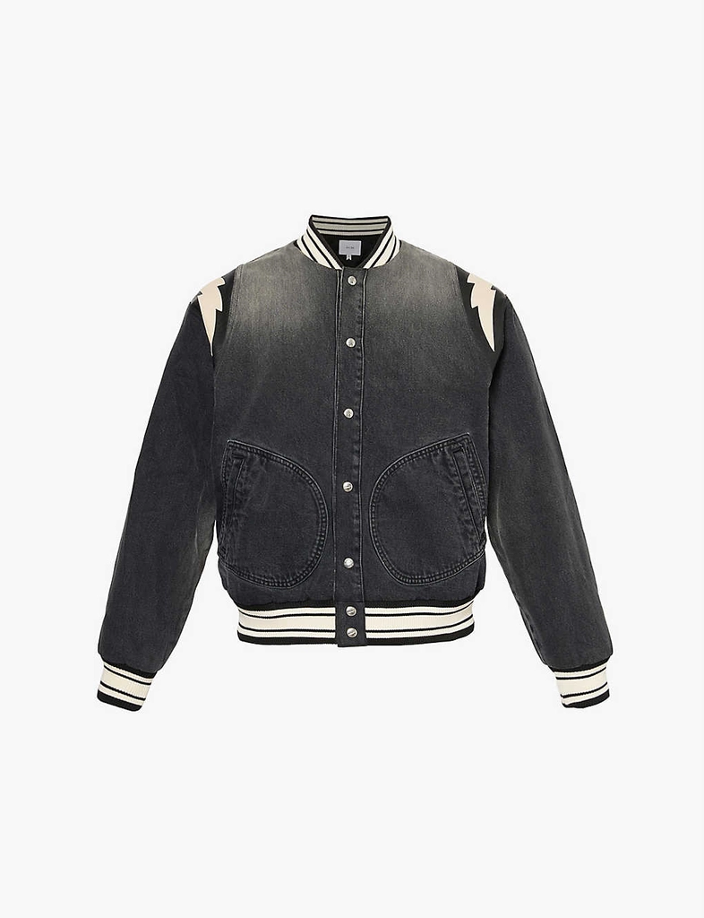 Rhude Mens Black Lighting Contrast-patch Leather and Denim Bomber Jacket L