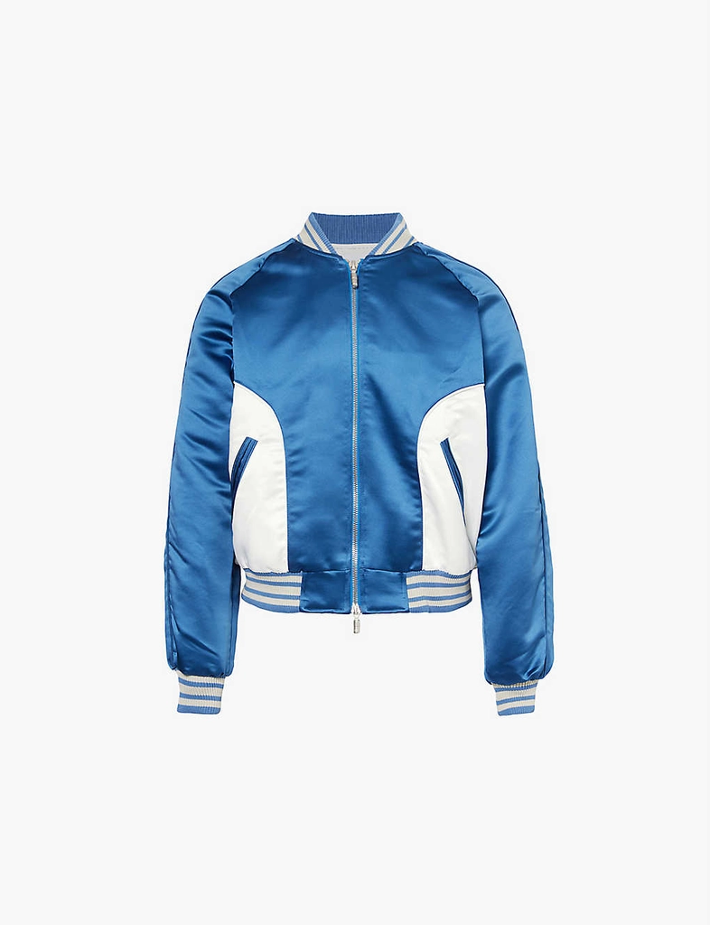 Rhude Mens Blue White Chamonix Ski Souvenir Logo-embellished Satin Bomber Jacket M