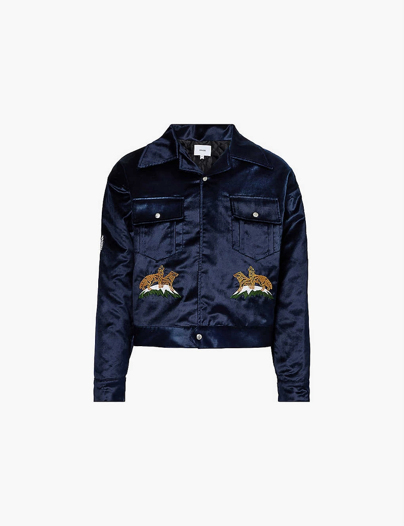 Rhude Mens Vy Woodland Hills Graphic-embroidered Cotton-blend Velvet Jacket L